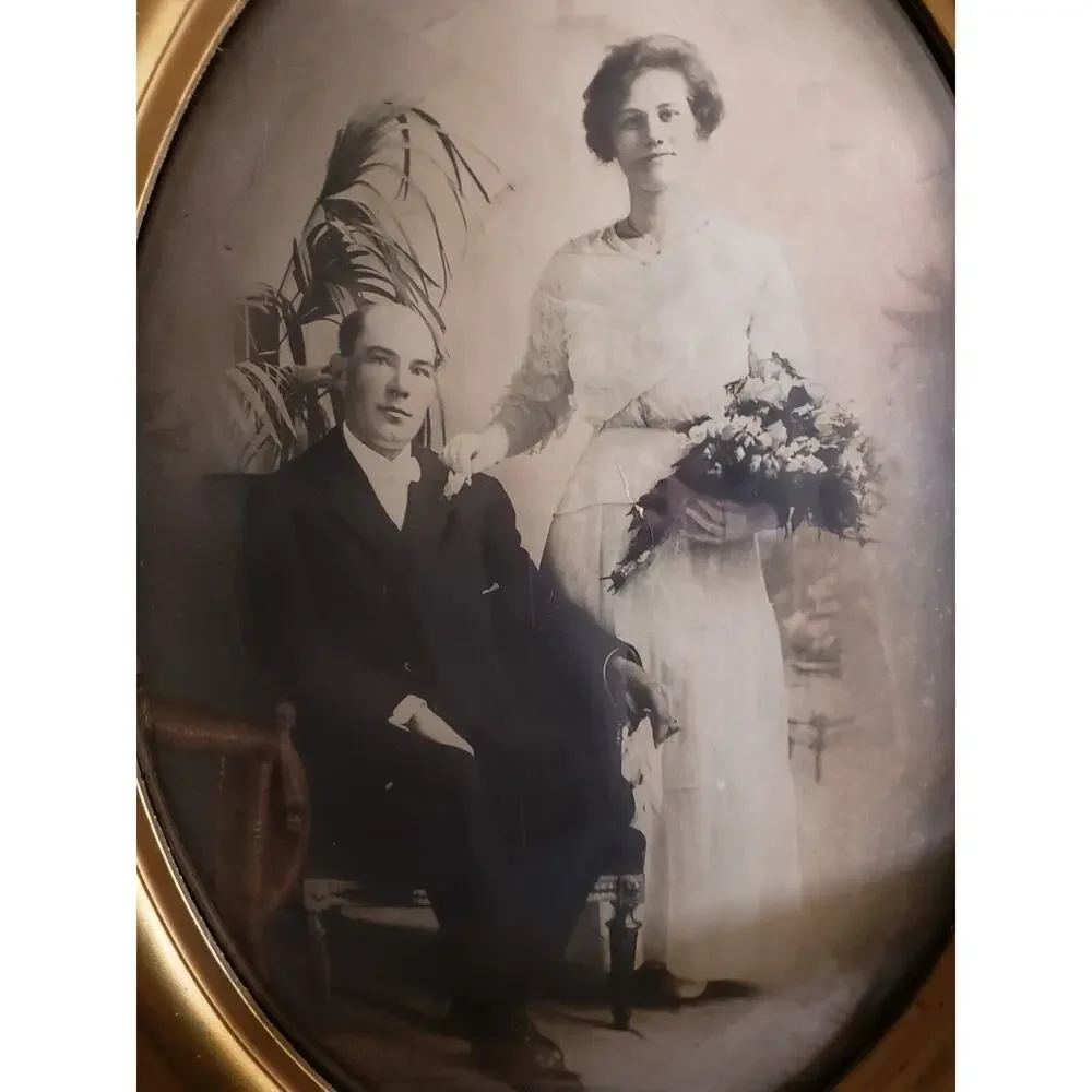 Antique Wedding Portrait Gilded Bubble Glass Frame Art Deco Gothic Victorian Art